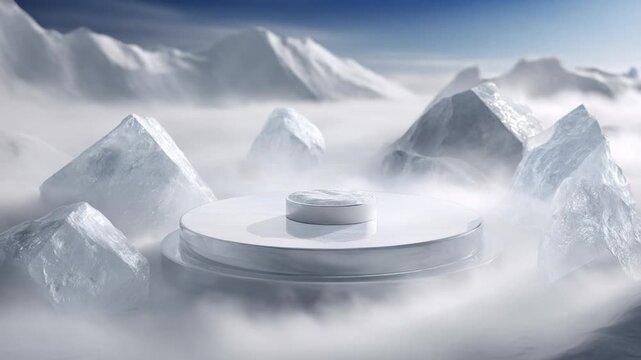 A pristine white platform surrounded by snowy mountains and a misty atmosphere for product display