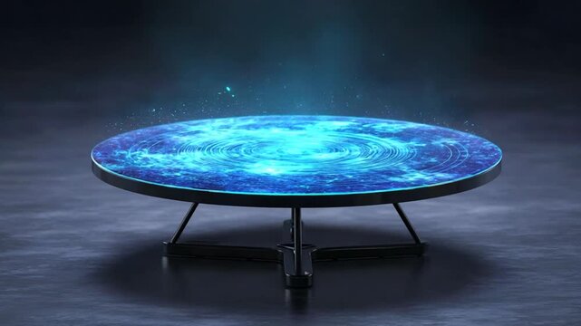 Abstract digital futuristic table illuminated by blue light displaying data in studio