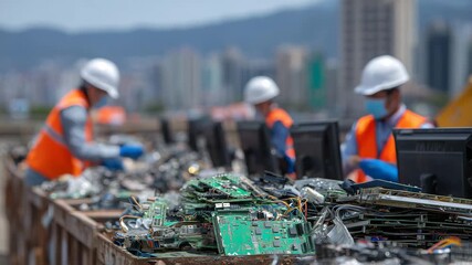 Close-up of mixed e-waste components stacked for recycling, bright circuit boards and wires forming intricate textures, workers handling materials safely - Powered by Adobe