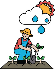 A man is working in a garden, planting a seedling