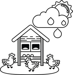 A black and white drawing of a chicken coop with three chickens and a cloudy sky © toonsteb
