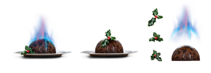 A low view of two half round traditional Christmas pudding with holly on a white round plate isolated against a transparent background with blue flame, holly and separate pudding design elements.