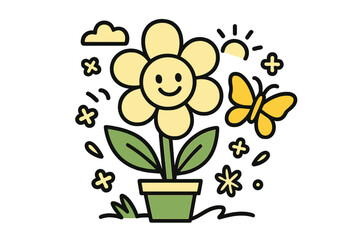 Smiling cartoon flower in a pot with a yellow butterfly, sun, and small blossoms