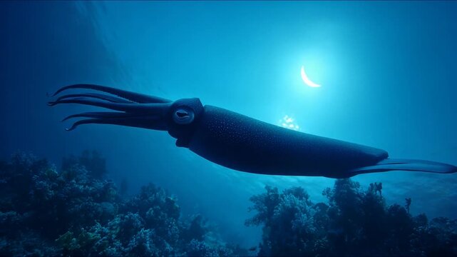 Giant squid swims gracefully through deep ocean waters displaying unique marine life