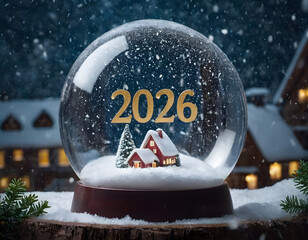 Snow globe with the inscription 2026 surrounded by falling snow, creating a magical winter atmosphere, Happy new year 2026