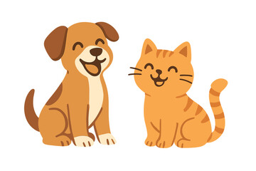 Adorable happy puppy dog and smiling orange tabby cat sitting together as best friends