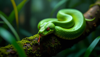 Fototapeta premium Vivid green snake on a branch in lush rainforest with morning dew and shallow depth of field.