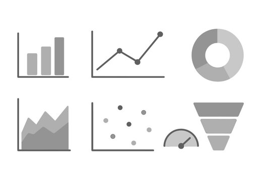 Essential set of business data visualization icons including charts, graphs, and diagrams