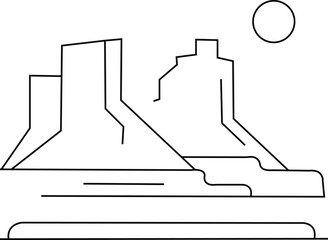 Minimalist Desert Mountain Line Art — Abstract Geometric Landscape Illustration, Modern Nature Drawing with Sun