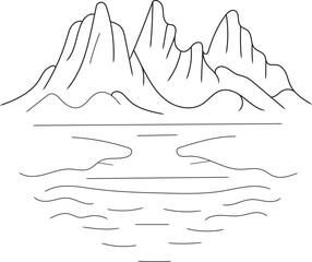 Minimalist Mountain Lake Line Art — Abstract Nature Landscape Drawing, Modern Geometric Mountain Illustration for Wall Art and Decor