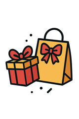 Festive gift box and shopping bag adorned with bows symbolizing holiday presents and retail sales