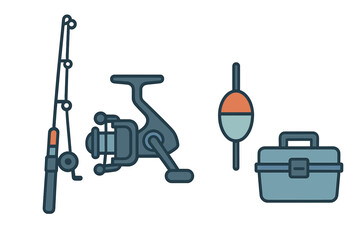 Essential equipment set for sport fishing including rod, reel, and tackle box