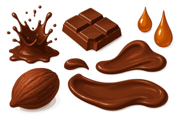 Realistic set of chocolate elements including a cocoa bean, melting drips, a splash, and a segmented bar with a bite taken out