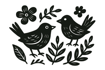 Two stylized black birds surrounded by decorative floral elements and botanical leaves