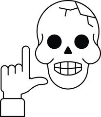 A skull with a hand pointing to the letter L