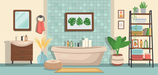 Bathroom with a window and a red curtain. Relaxation day. Take a bath and unwind. Vector illustration.