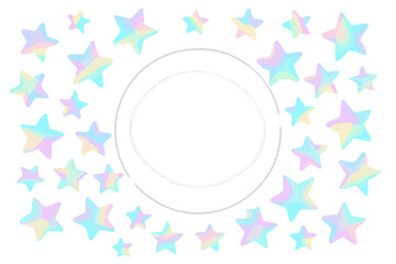 Magical celestial frame with holographic gradient stars and central circular copy space