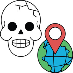 A skull with a map of the world in the background