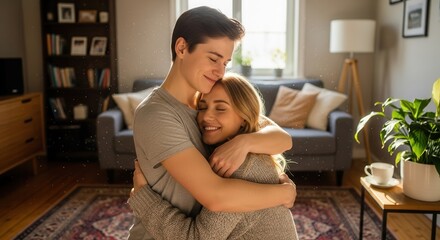 Couple Embracing in Cozy Living Room. Ai generation