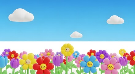 Fototapeta premium Whimsical 3D cartoon flowers with cheerful smiles and sad expressions blossom under a bright blue sky, creating a vibrant, emotionally rich springtime meadow scene