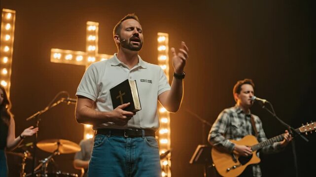 Man preacher delivering a modern sermon with a bible in his hand as a guitarist plays in a protestant church, video