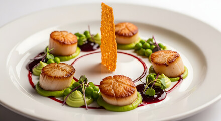 Gourmet seared scallops served with pea puree and berry sauce ai generated