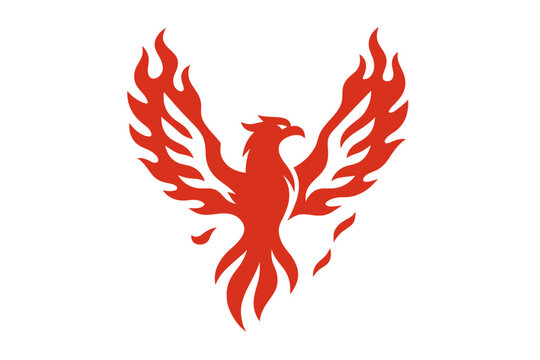 Stylized red phoenix bird rising with spread wings surrounded by fire and flames