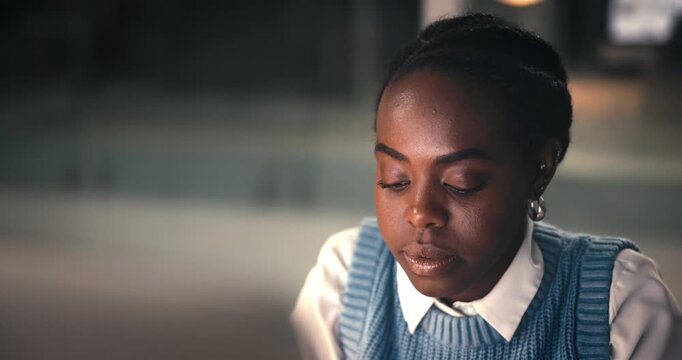 Creative, black woman and computer in office at night for editor feedback, information and article post. Journalist, reading and pc for proofreading story, update draft and deadline for publication