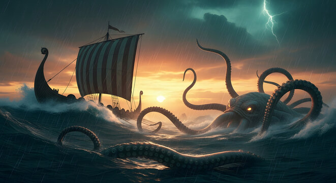 Giant kraken attacks Viking ship during stormy sunset ai generated