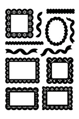 Collection of decorative black silhouette frames, borders, and ribbons with scalloped edges and floral patterns