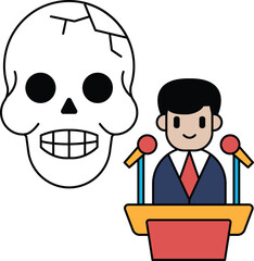 A skull is shown next to a man with a microphone