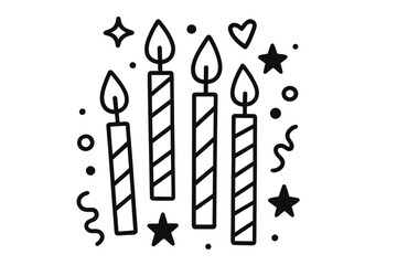 Four striped birthday candles with stars and confetti in black and white style