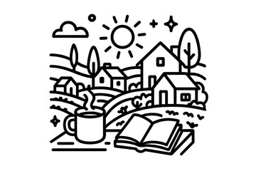 Fototapeta premium Steaming coffee mug and open book in front of a rural village landscape under bright sun