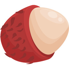 Close up illustration of a ripe rambutan fruit peeled open against a transparent background displaying the textured red skin and creamy white flesh inside ideal for tropical fruit themes