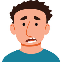 Close up illustration of a young man with dark curly hair and a teal shirt with a worried expression and open mouth showing teeth isolated on a white background