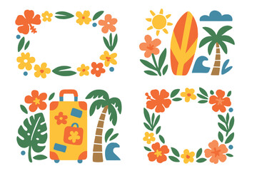 Fototapeta premium Tropical summer vacation set with floral frames surfboard palm tree and travel suitcase