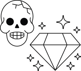 A skull and a diamond are drawn on a white background