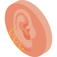Close Up Isometric View of a Peach Colored Ear with Three Gold Hoop Earrings Adorning Piercings Against a Transparent Background Showing Inner Ear Details
