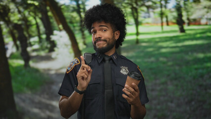 Police officer in uniform holds coffee cup and gestures in a sunny park setting surrounded by green trees.