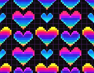 Vibrant pixelated heart pattern on retro grid, a unique expression of digital love