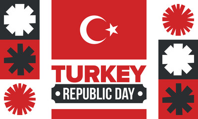 Turkey Republic Day. National happy holiday, celebrated annual in October 29. Turkish flag. Patriotic elements. Poster, card, banner and background. Vector illustration