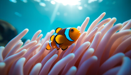 Bright stripes and eye detail stand out in a soft coral palette.