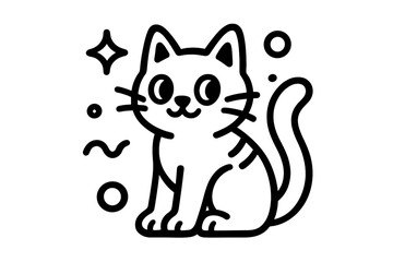Adorable sitting kitten character in simple black and white line art with abstract shapes