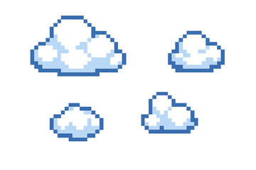 Four pixel art clouds with blue outlines and shading for retro video game design © icon_art