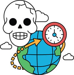 A skull with a smiling face is sitting on a globe with a clock on it