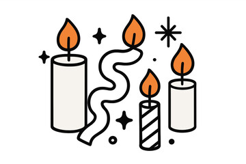 Minimalist group of four burning candles with decorative ribbon and sparkles