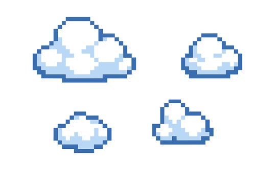 Four pixel art clouds with blue outlines and shading for retro video game design