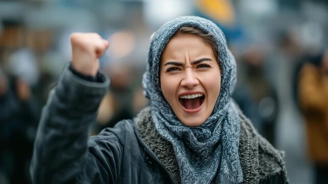 Strong portrait of Muslim activist, shouting during march, protest crowd softened in blur, selective focus amplifying her voice and determination