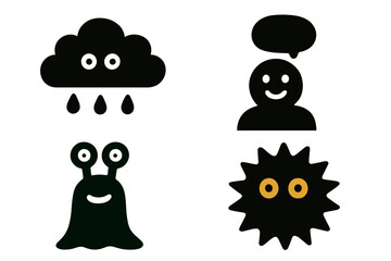 Simple black graphic icons featuring weather, communication, and abstract characters