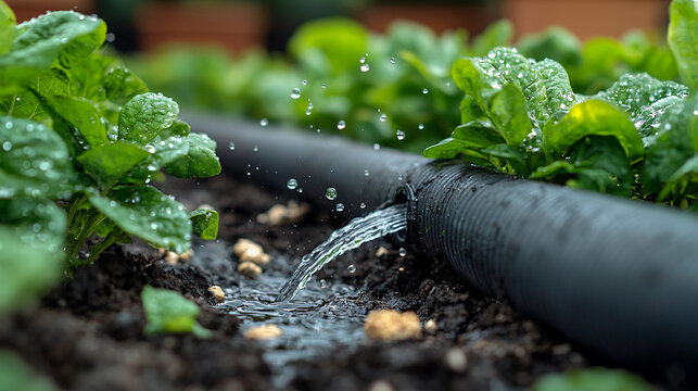 Close-up view of efficient drip irrigation system for crops Generative AI